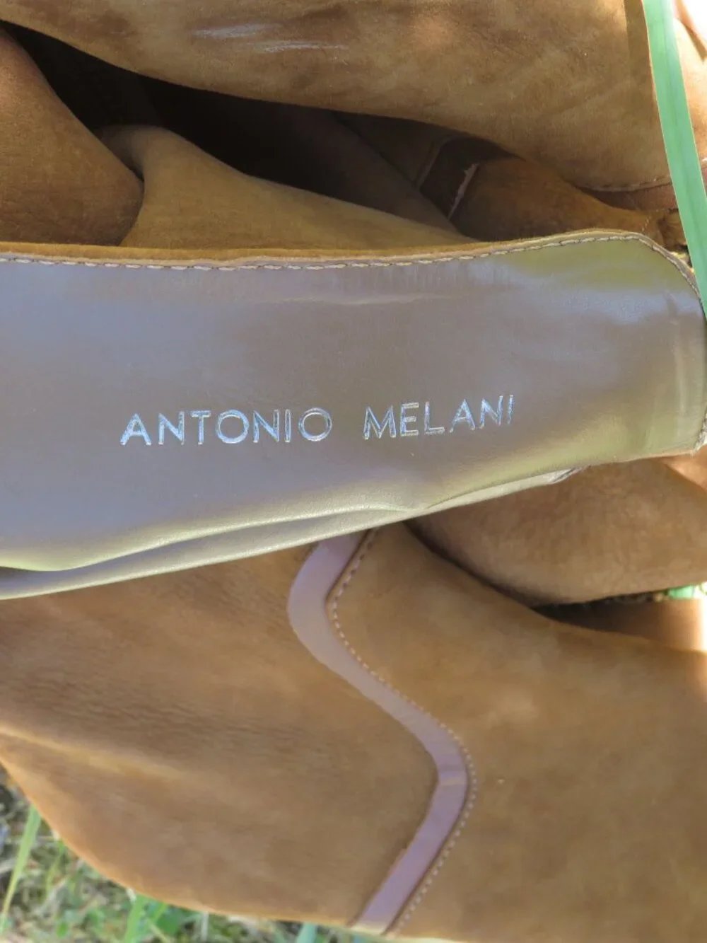 Antonio Melani Tan Suede Leather Tall Boots 10M – Stacked Heel, Buckle Detail,